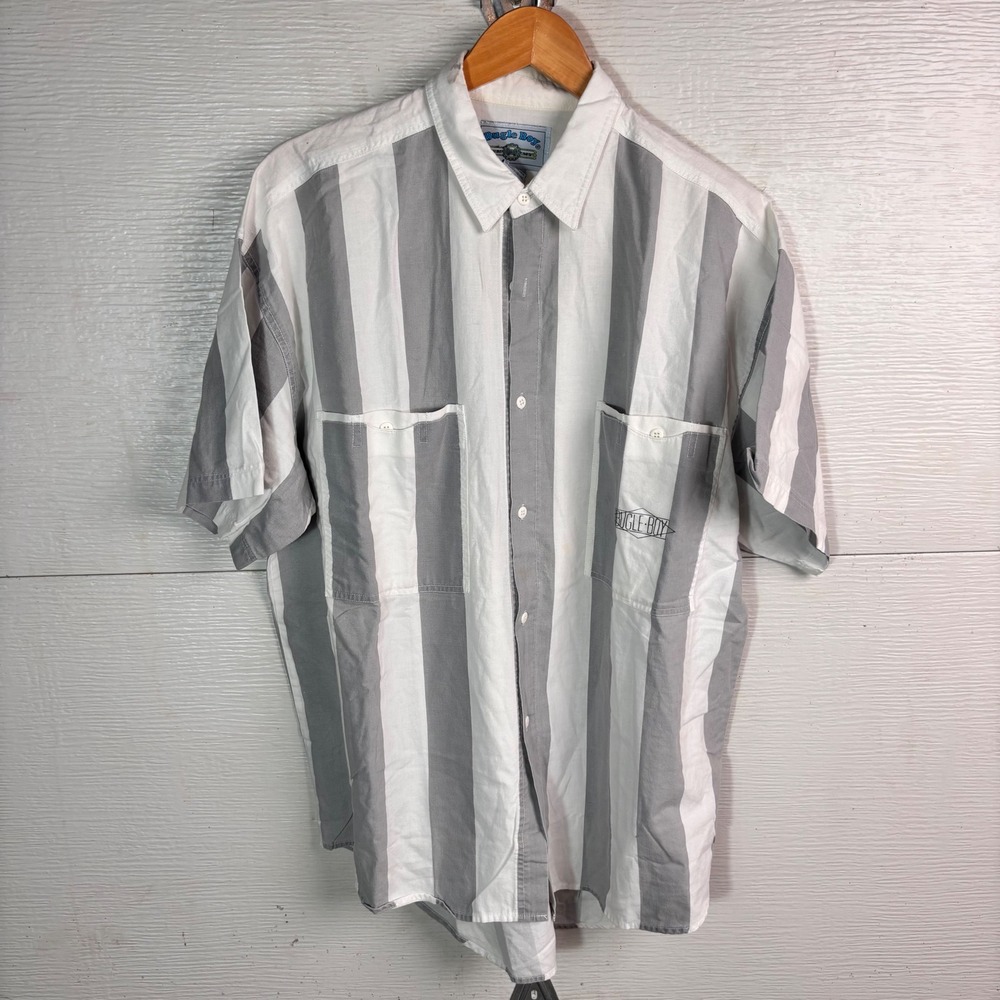 Vintage Bugle Boy Striped Shirt XL Gray White 90s Oversized Button Up